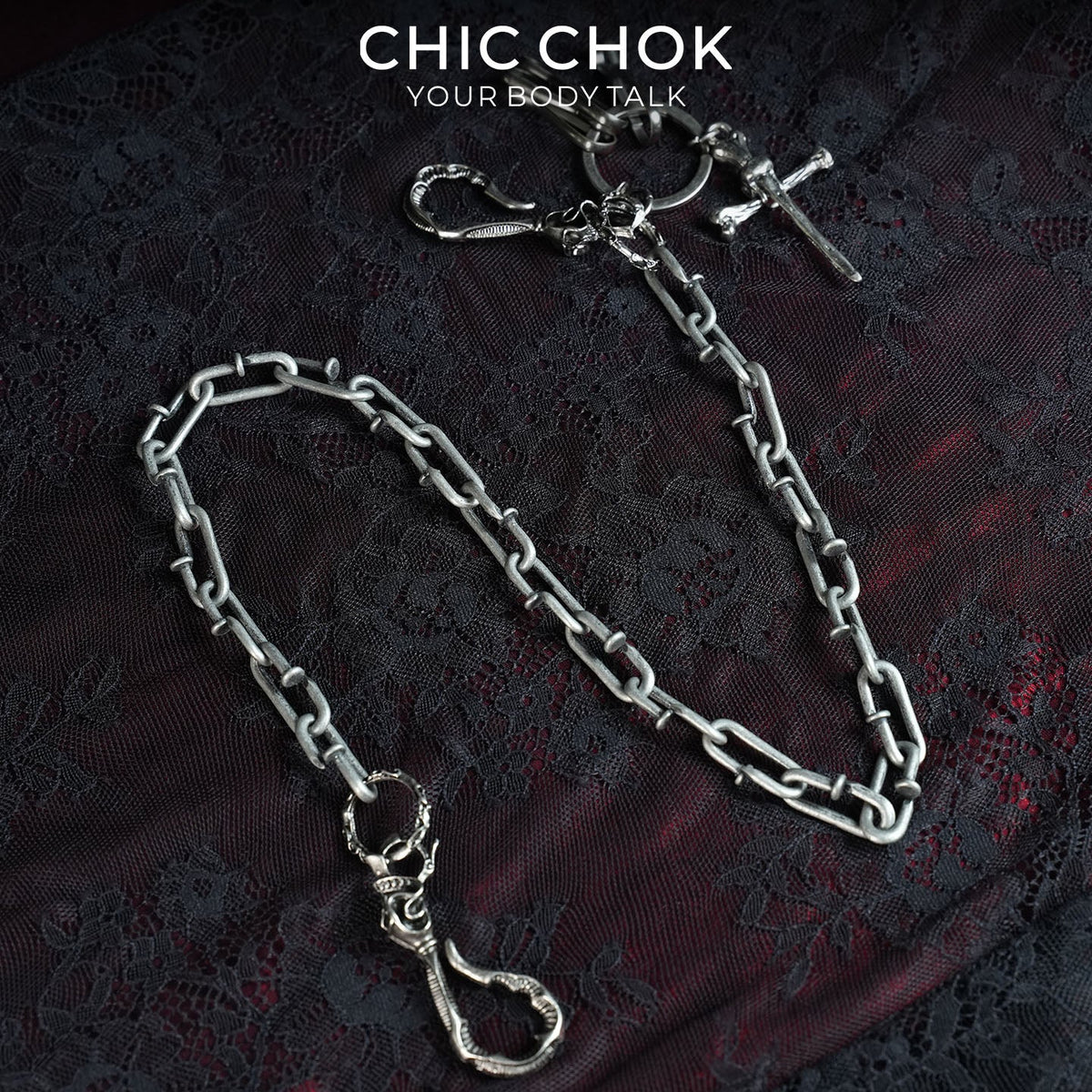 Barren Bone Hook Heavy Pant Chain | Gothic Skull Cross Wallet Chain | Industrial Punk Wasteland Techwear Jewelry by CHICCHOK - Pants Chain