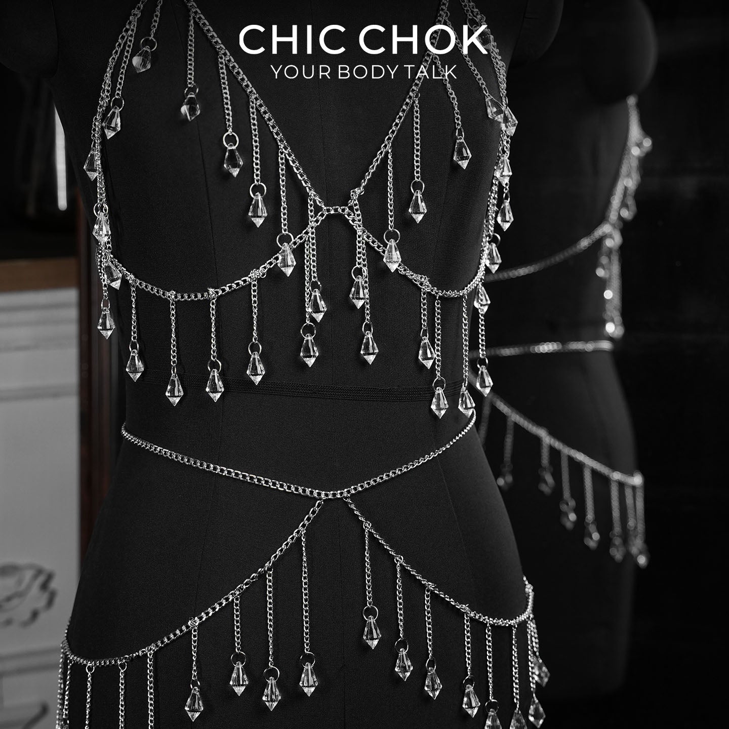 Tears of the Siren | Silver Crystal Body Chain Set | Layered Harness & Waist Jewelry by CHICCHOK - Choker