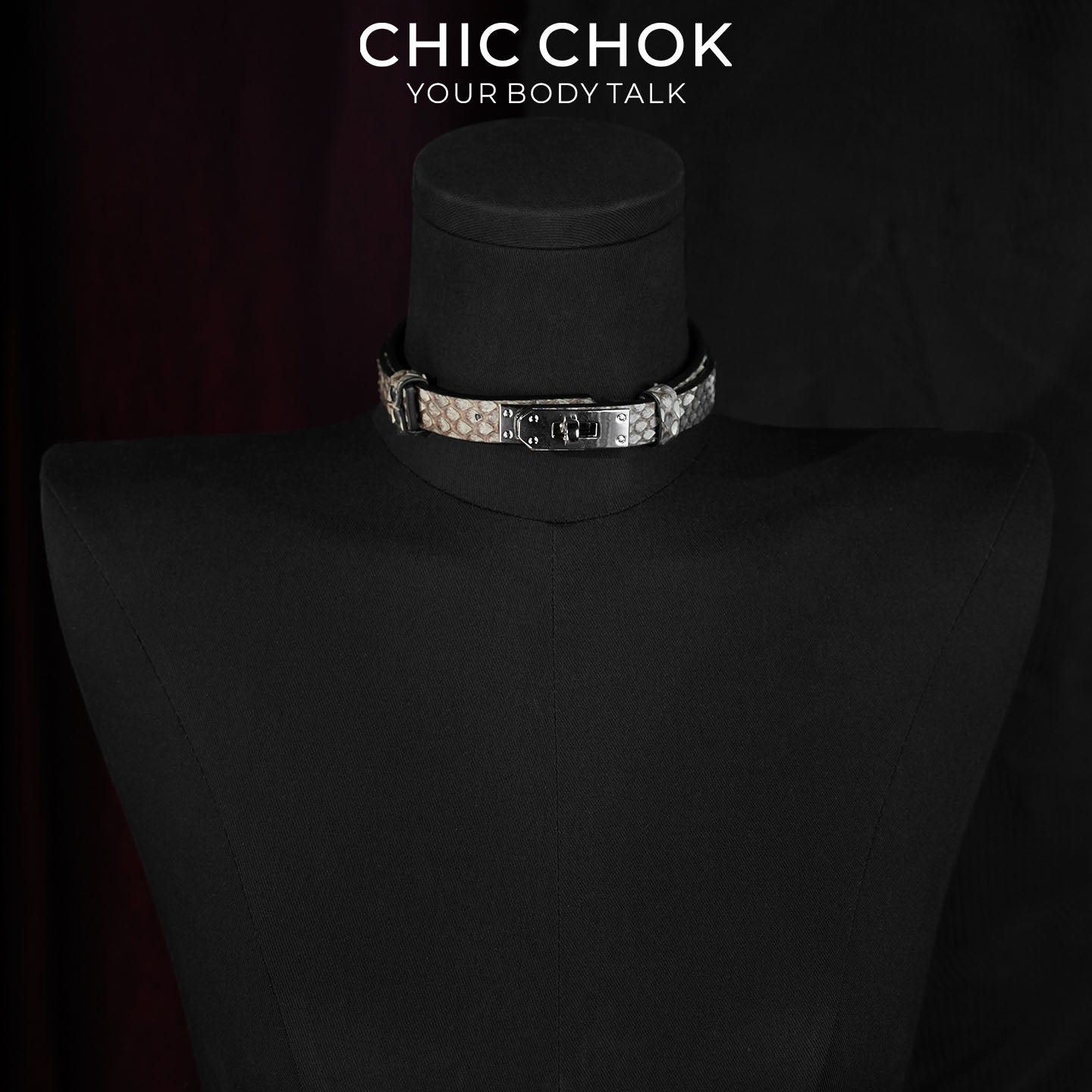 Minimalist Python Skin Choker | Luxury Exotic Snake Pattern Genuine Leather Collar | Gothic Quiet Luxury Silver Kelly Lock Jewelry by CHICCHOK - Choker