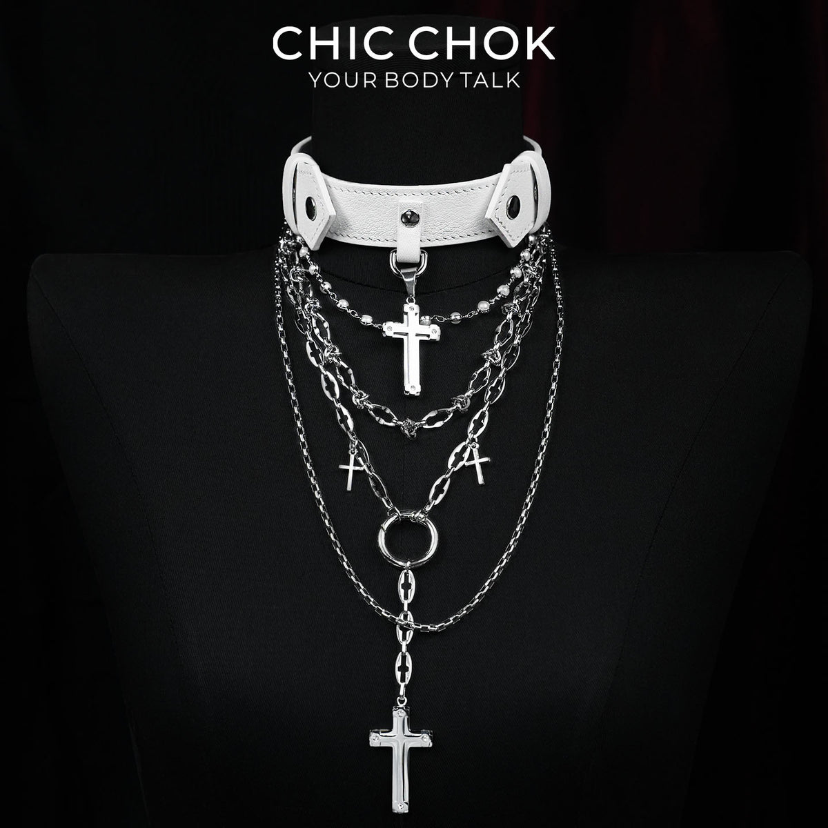 CHICCHOK Original "Martyr's Shadow" Choker - Layered Cross Monastery Style Necklace - Premium White Leather & Stainless Steel Nun Aesthetic Jewelry