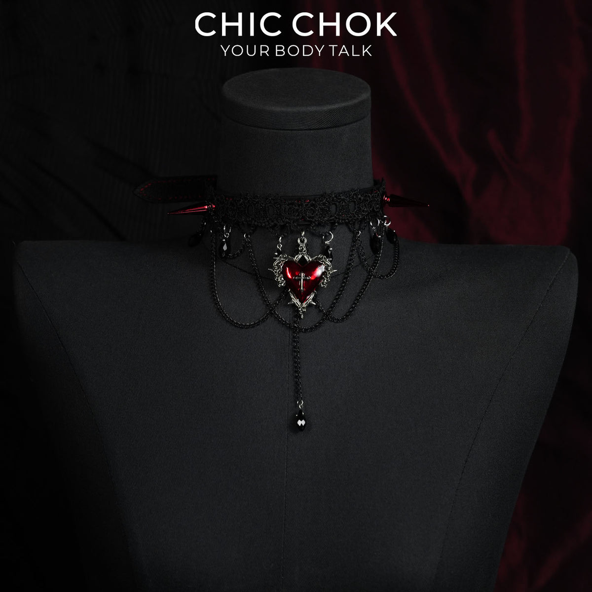 CHICCHOK Black and Red Lace Spiked Collar | Top-Grain Calfskin Cross-Shaped Pendant | Vampire Gothic Lace Necklace
