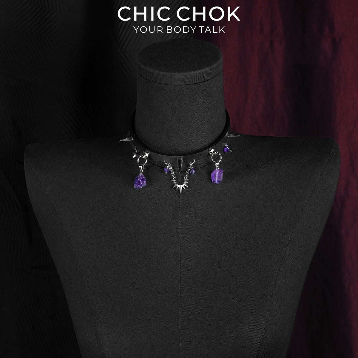 CHICCHOK Phantom Crystal Shackle Slim Choker | Gothic Amethyst Spike Leather Collar | Luxury Witchcore Punk Subversive Body Armor