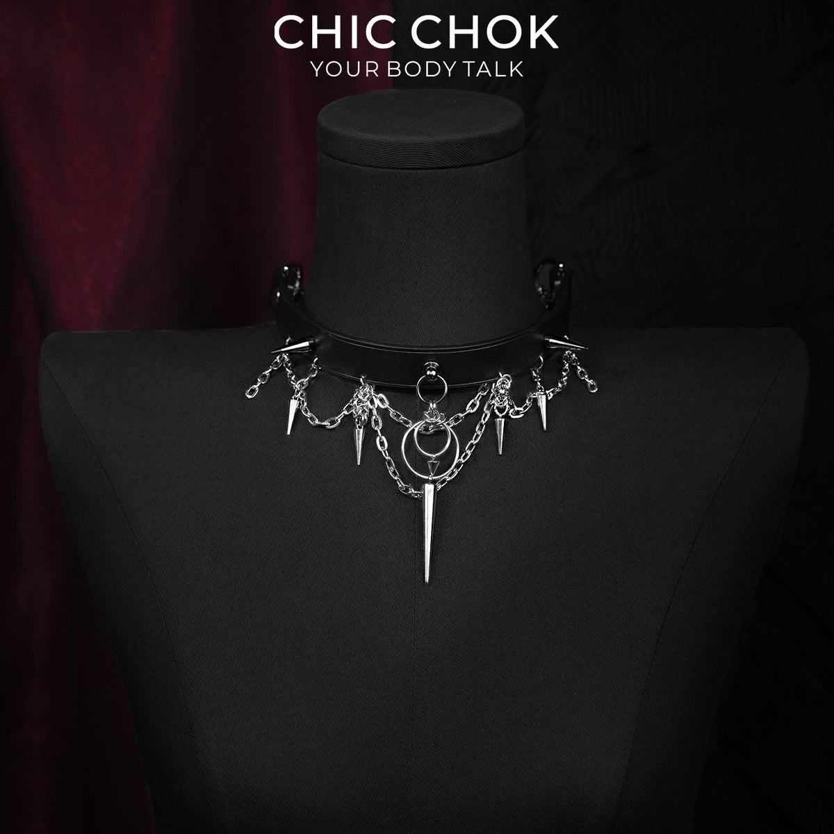 CHICCHOK Original "Thorns of Eclipse" Choker - Premium Full-Grain Leather & Stainless Steel Spiked Collar - Interactive Pull Chain Darkwear Jewelry