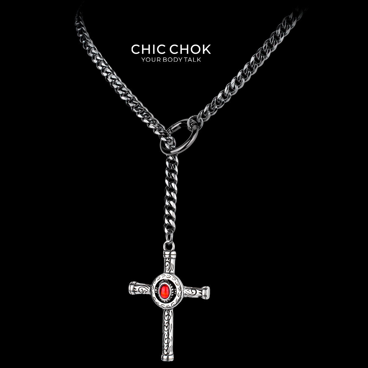 CHICCHOK Gloom Eye Crucifix Y-Lariat Necklace | Stainless Steel Cuban Link Chain | Gothic Vintage Zinc Alloy Cross Pendant Occult Jewelry