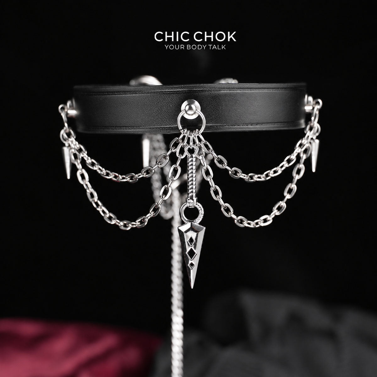 CHICCHOK "Dual Arrow Order" Leather Spike Choker | 360-Degree Dagger Pendant Drop Chain | Gothic Punk Subculture Neckwear