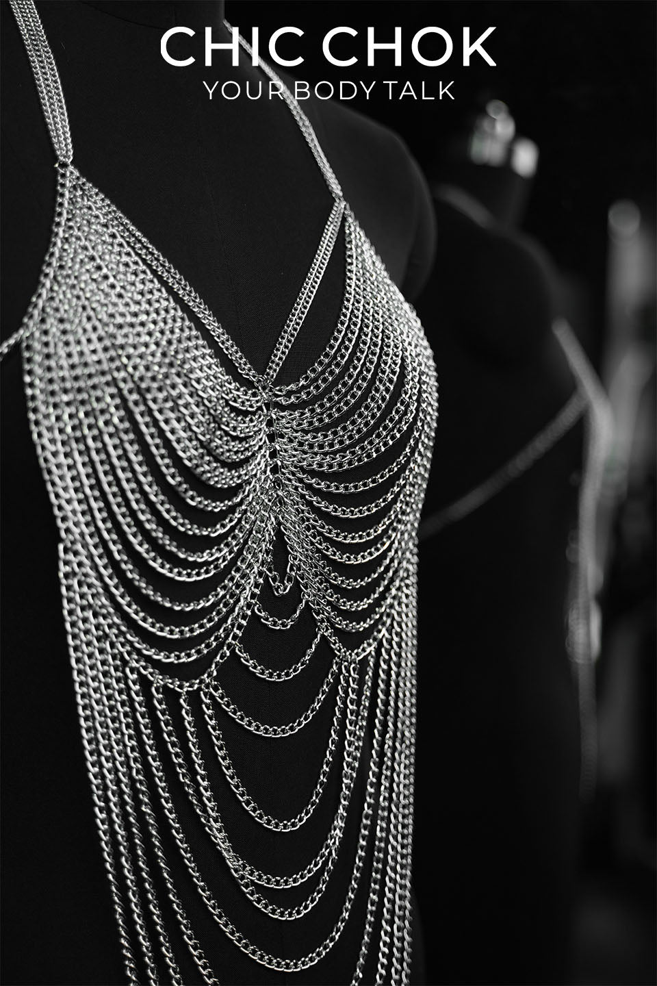 CHICCHOK Tidal Mesh Body Chain Armor | Handcrafted Silver Cuban Link Harness | Gothic Subversive Grunge Beachwear Festival Jewelry