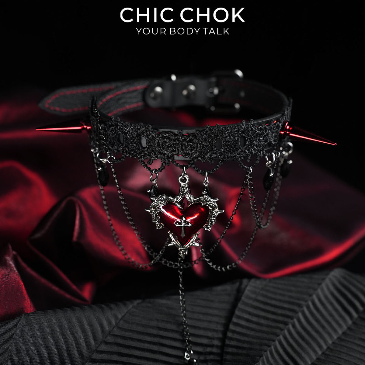 CHICCHOK Black and Red Lace Spiked Collar | Top-Grain Calfskin Cross-Shaped Pendant | Vampire Gothic Lace Necklace