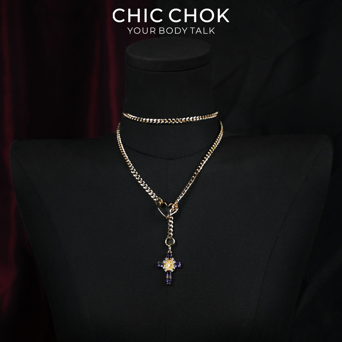 CHICCHOK Sacred Heart Emerald Shadow Y-Lariat Necklace | Gold Plated Baroque Cross Choker | Luxury Zircon Gothic Body Jewelry