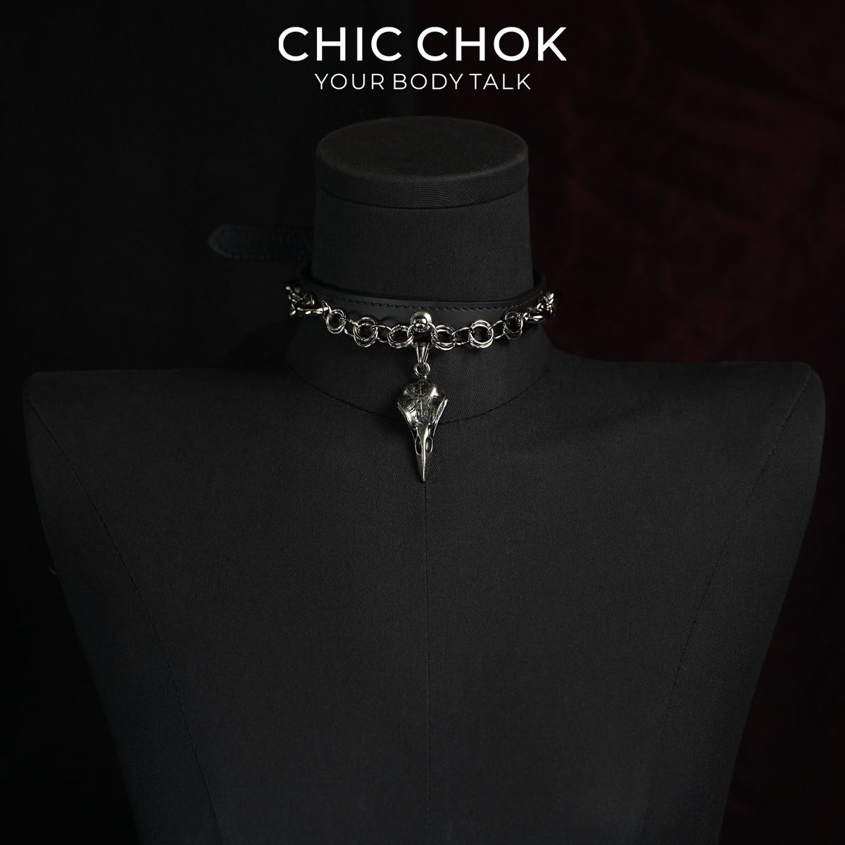 CHICCHOK Raven Messenger | Gothic-Style Raven Skull Collar | Matte Black Leather Collar