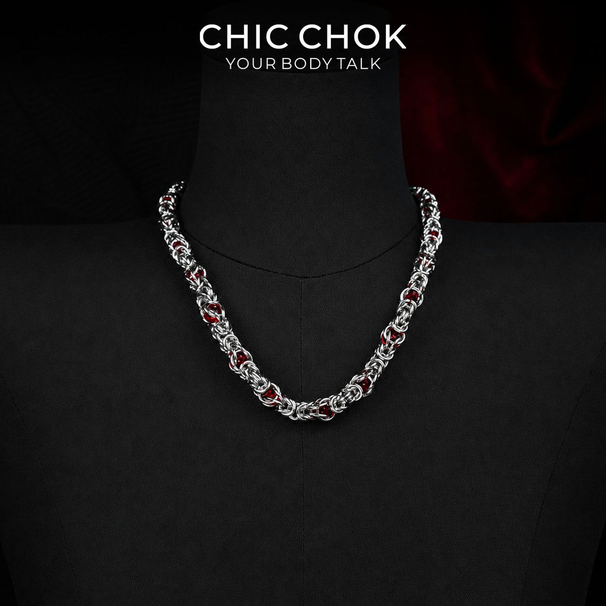 CHICCHOK Crimson Crystal Chain Necklace | Handcrafted Byzantine Stainless Steel Chain | Heavy Industrial Punk Cyber Goth Jewelry