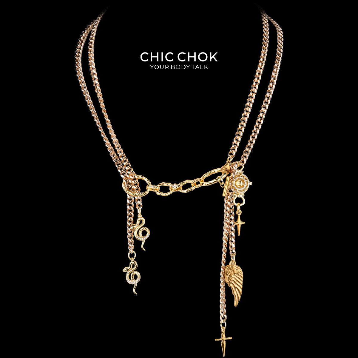 CHICCHOK "Winged Serpent Astral Wheel" Layered Gold Necklace | Stainless Steel Snake Wing & Compass Pendant Drop Chain | Dark Luxury Y2K Streetwear Jewelry