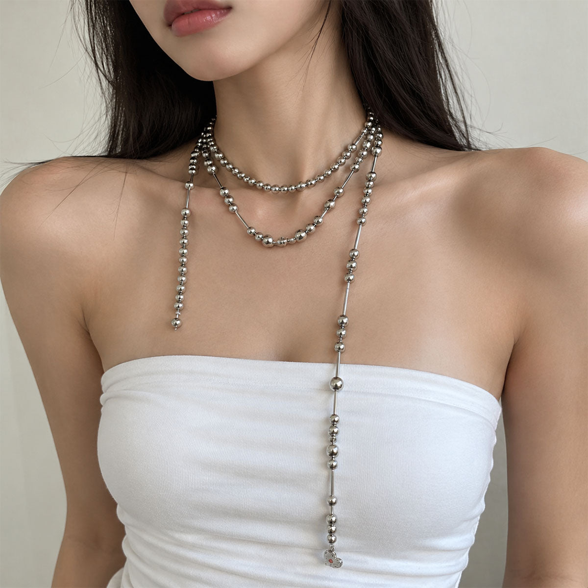 CHICCHOK Dream Lock Pearl Lariat Necklace - Avant-Garde Silver Metallic Shell Pearl & Stainless Steel Layered Body Chain
