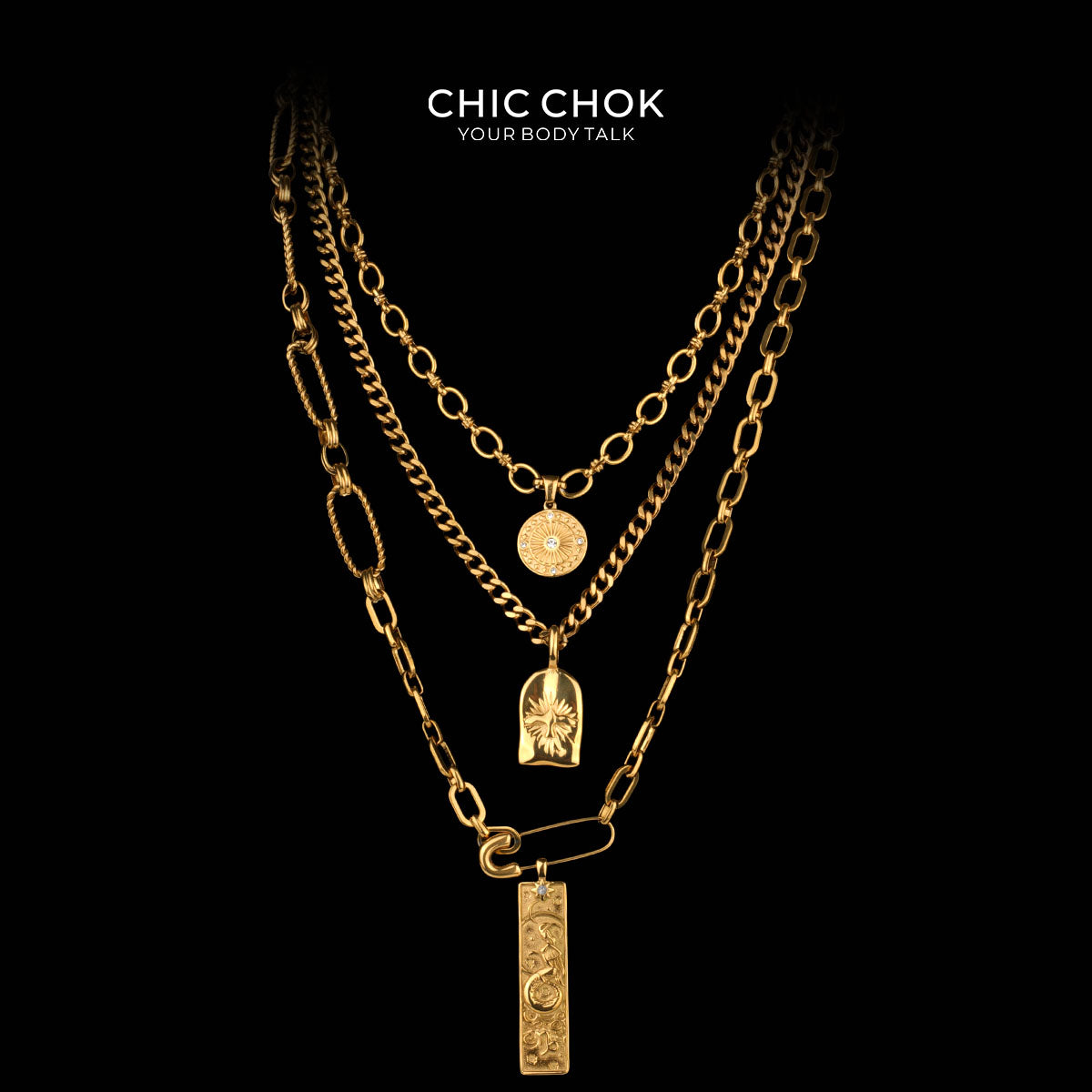 CHICCHOK Gold Chain Star Medal Capricorn Layered Necklace | Vintage 3-Tier Cuban Chain | Tarot Zodiac Coin & Star Relief Pendant Astrology Jewelry