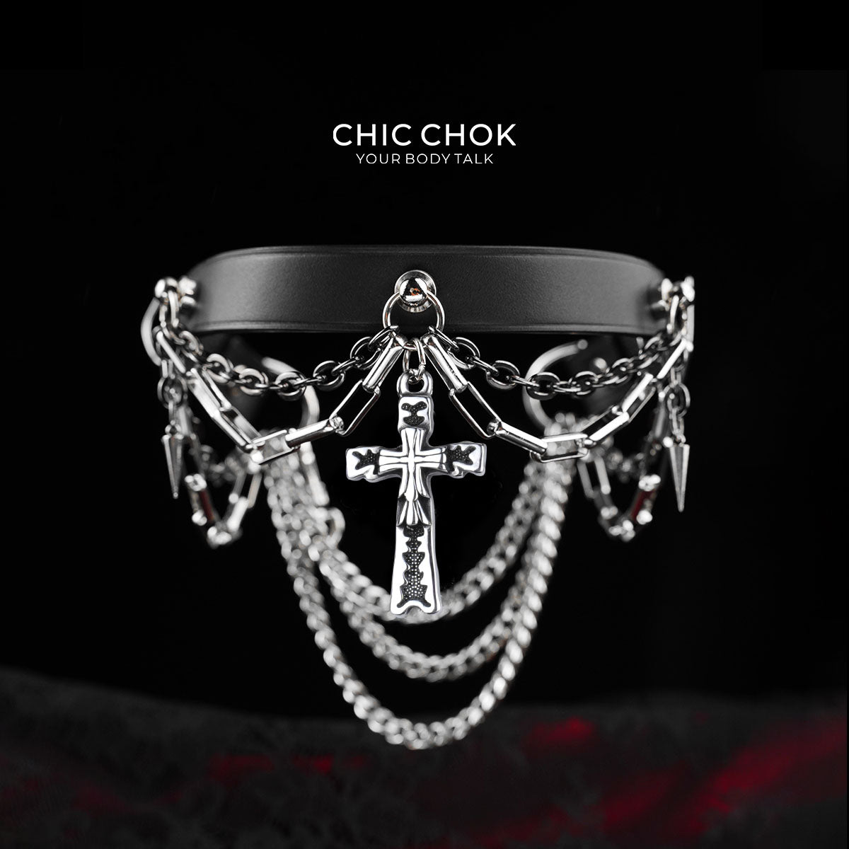 CHICCHOK Breathless and Redemption Genuine Leather Choker | Gothic Thorn Cross Pendant Collar | Luxury Subversive Techwear Body Armor Jewelry