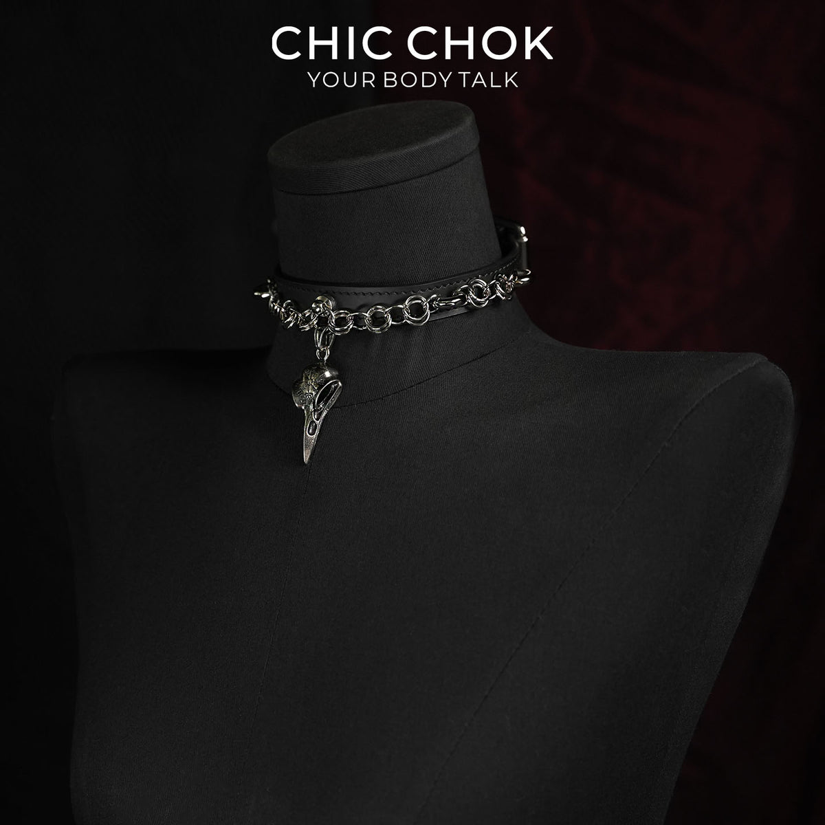 CHICCHOK Raven Messenger | Gothic-Style Raven Skull Collar | Matte Black Leather Collar
