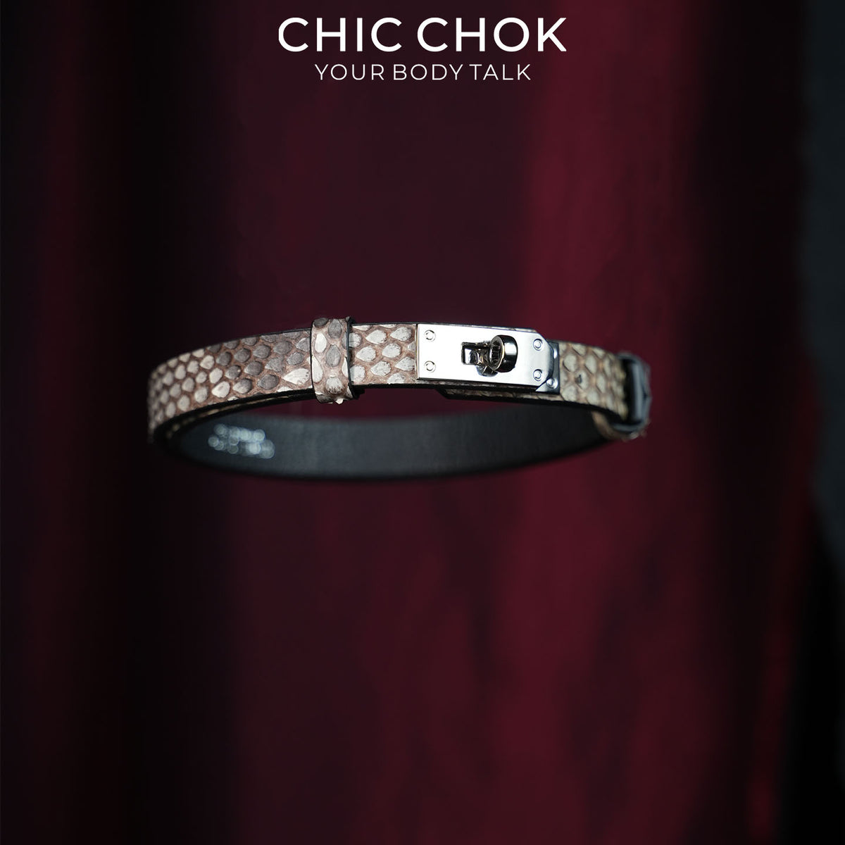 CHICCHOK Minimalist Python Skin Choker | Luxury Exotic Snake Pattern Genuine Leather Collar | Gothic Quiet Luxury Silver Kelly Lock Jewelry