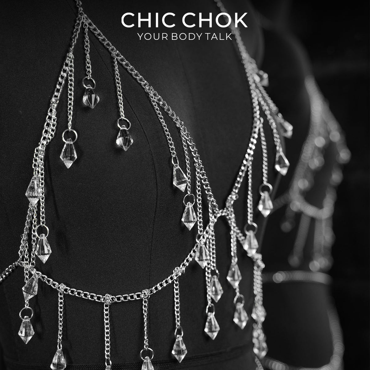 CHICCHOK Tears of the Siren | Silver Crystal Body Chain Set | Layered Harness & Waist Jewelry