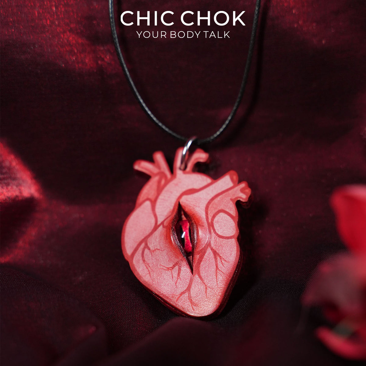 CHICCHOK Eye of the Heart Genuine Leather Necklace | Gothic Anatomical Heart Pendant | Surrealist Glass Eye Cyber Goth Jewelry