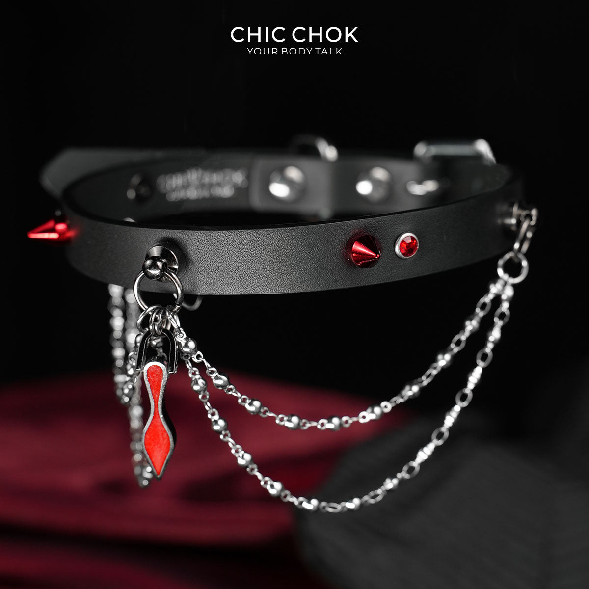 CHICCHOK "Blazing Collar" Red Tie Pendant Leather Choker | Gothic Spikes & Eyeglass Chain Drop Collar | Subversive Alt Dark Streetwear Neckwear