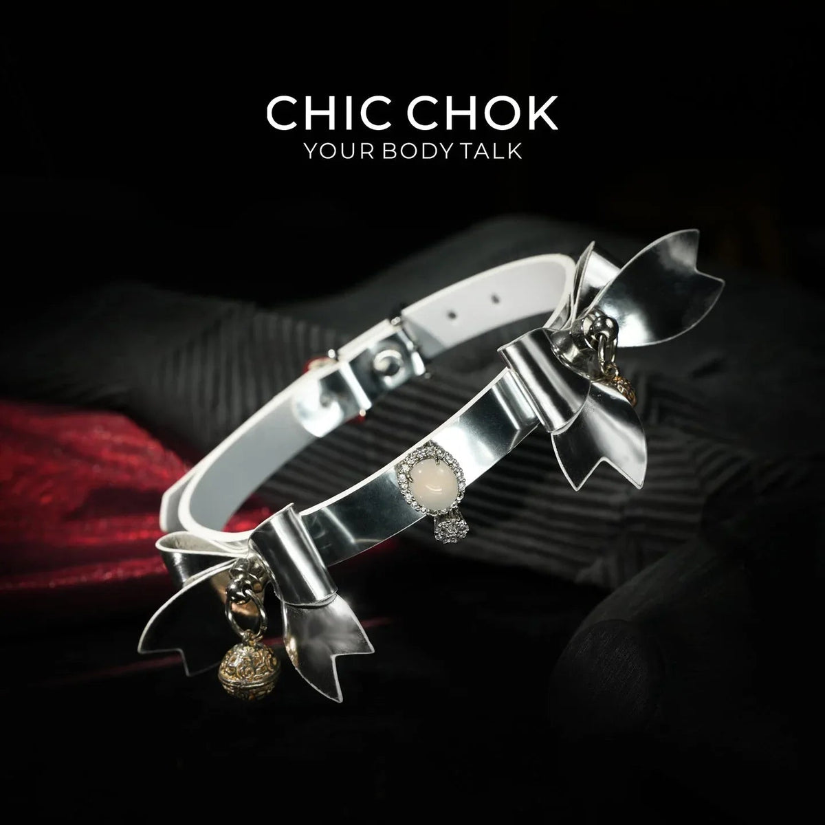 CHIC CHOK Silver Shell Butterfly Chrome Bow & Pearl-Soft Leather Collar Necklace - CHICCHOK - Choker