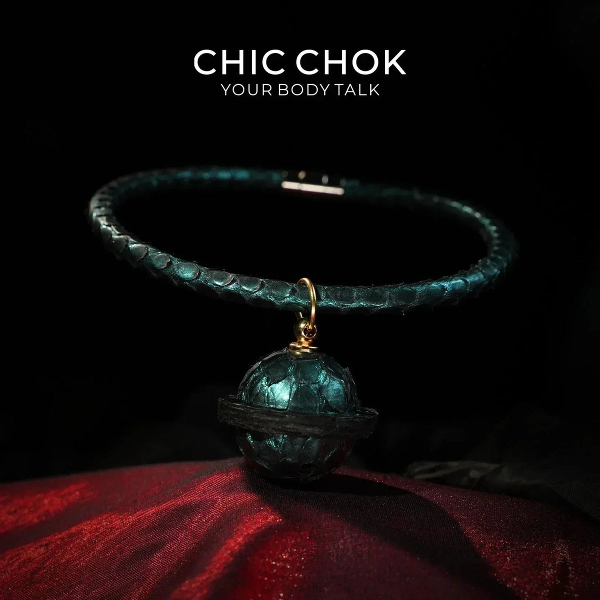 CHIC CHOK The Orchid’s Gaze Teal Snake-Texture Collar with Silent Bell Pendant - CHICCHOK - Choker