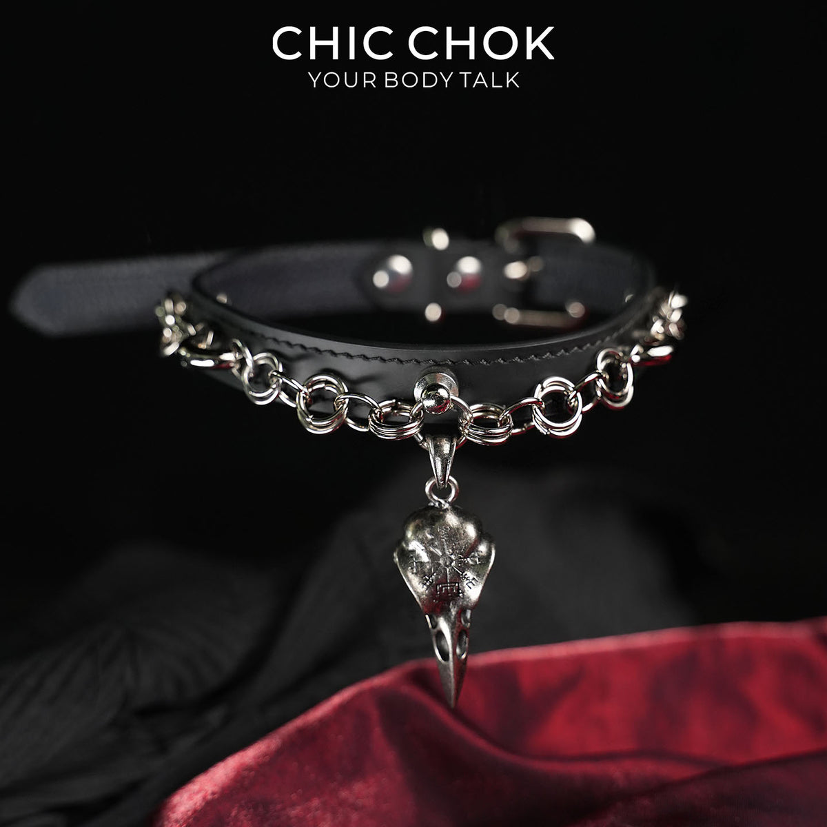 CHICCHOK Raven Messenger | Gothic-Style Raven Skull Collar | Matte Black Leather Collar