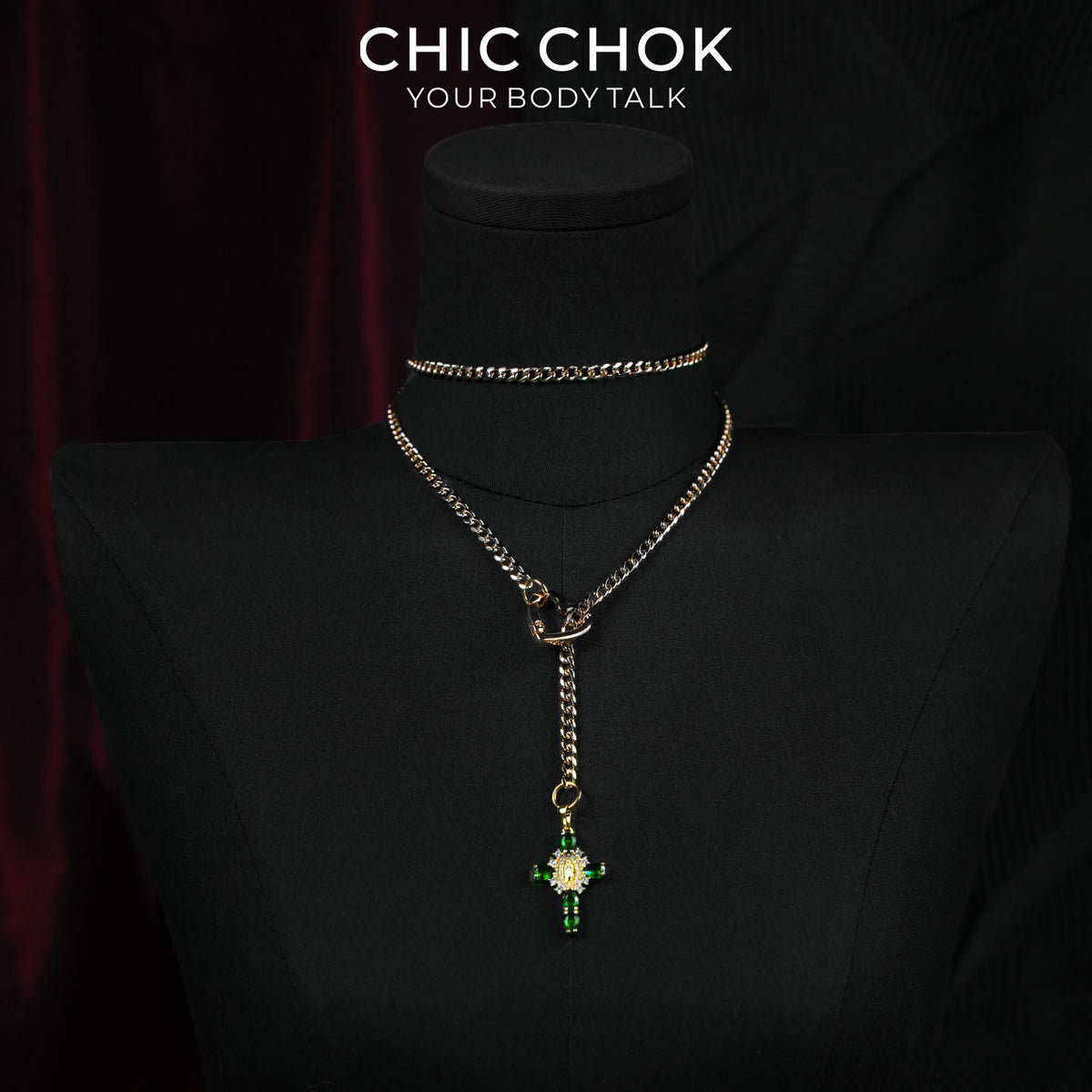 CHICCHOK Sacred Heart Emerald Shadow Y-Lariat Necklace | Gold Plated Baroque Cross Choker | Luxury Zircon Gothic Body Jewelry