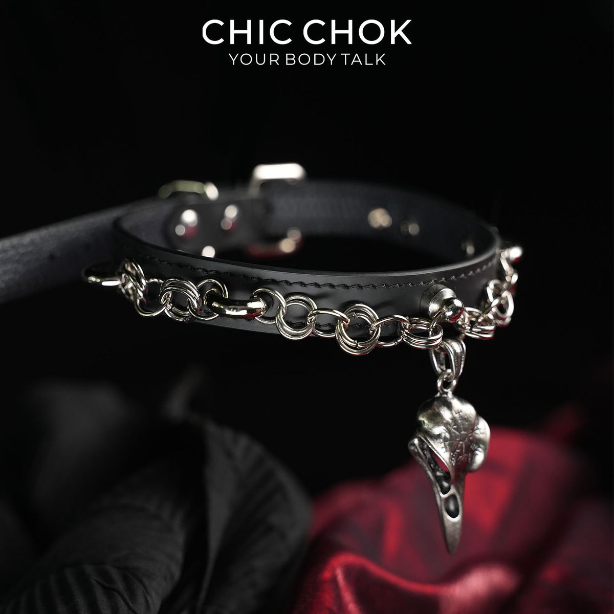 CHICCHOK Raven Messenger | Gothic-Style Raven Skull Collar | Matte Black Leather Collar