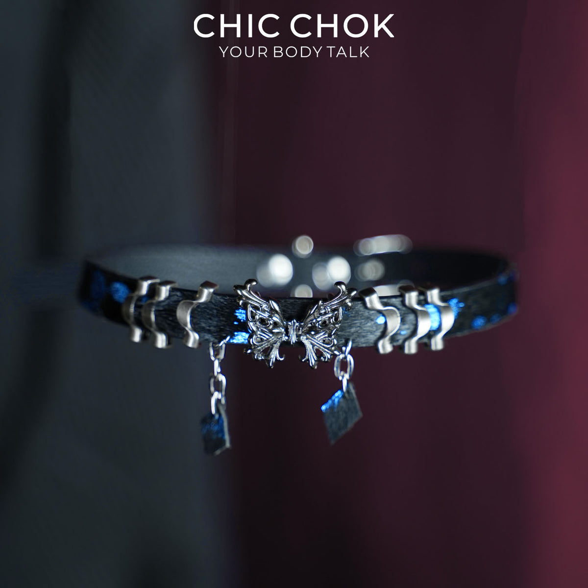CHICCHOK Phantom Butterfly Bioluminescent Ocean Choker | Luxury Blue-Black Pony Hair Leather Collar | Gothic Zinc Alloy Morpho Butterfly Wave Charm Jewelry for Sensitive Skin CHICCHOK