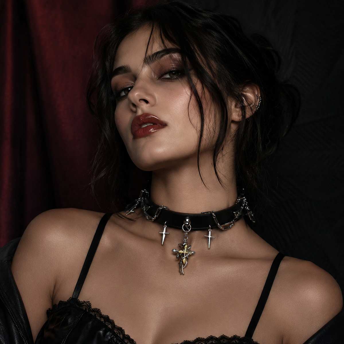 CHICCHOK Cloister Sunset Genuine Leather Choker | Gothic Thorn Cross Pendant Collar | Luxury Baroque Dagger Subversive Techwear Jewelry