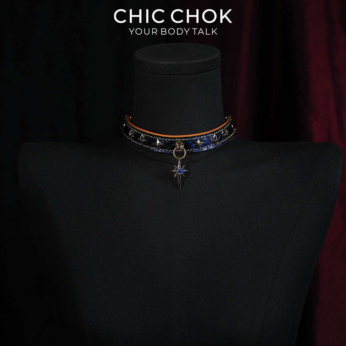 CHICCHOK Breathless Tarot | Blue Snake Leather Choker | Gold Octagram Star Collar