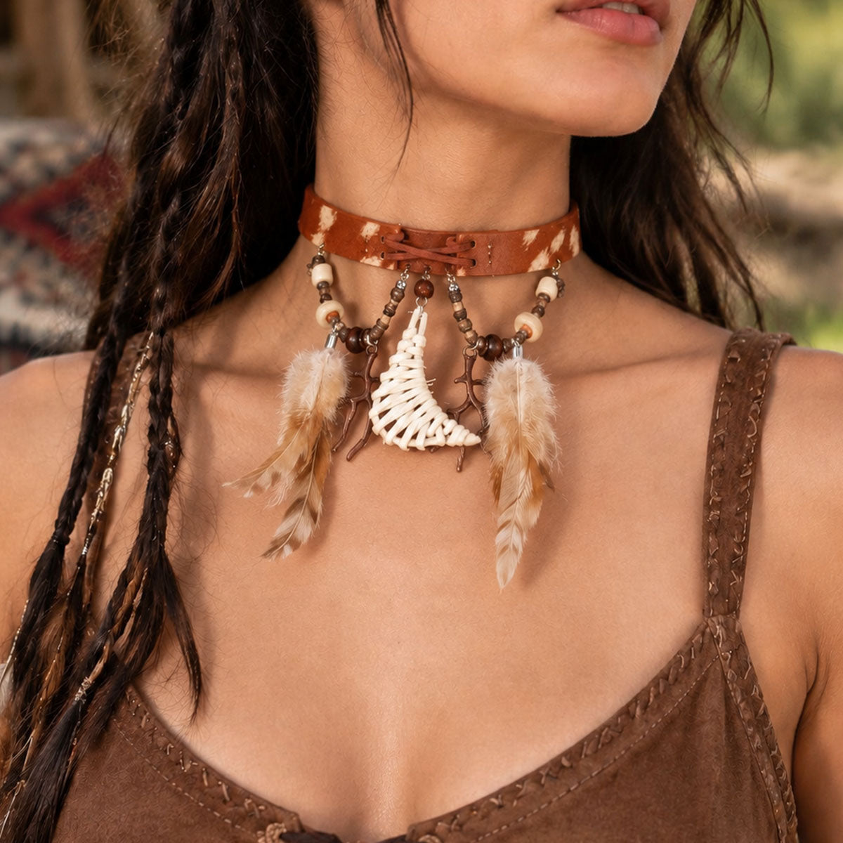 CHICCHOK "Nomadic Moon Anthem" Tribal Horsehair Leather Choker | Woven Crescent & Feather Pendants | Bohemian Festival Neckwear