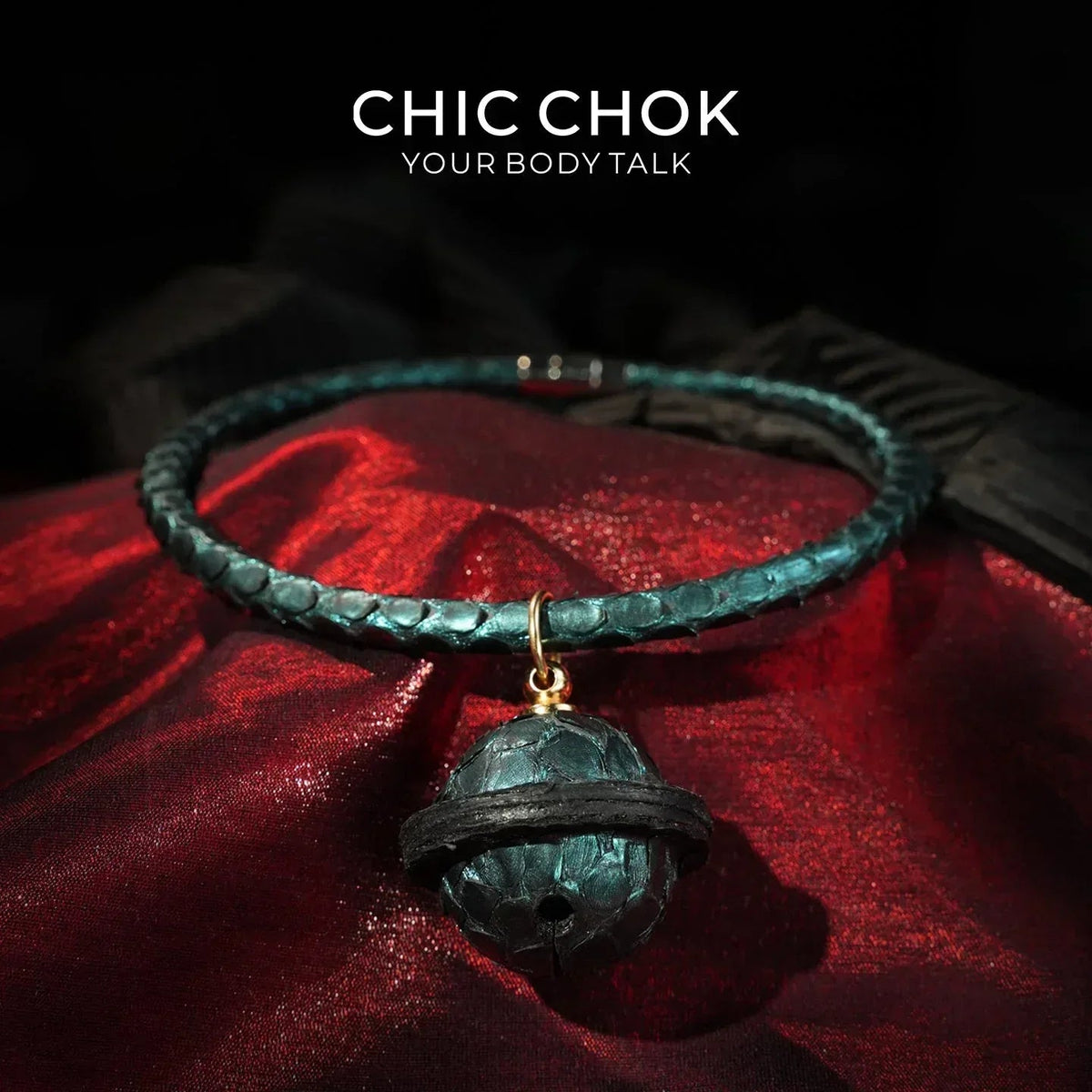 CHIC CHOK The Orchid’s Gaze Teal Snake-Texture Collar with Silent Bell Pendant - CHICCHOK - Choker