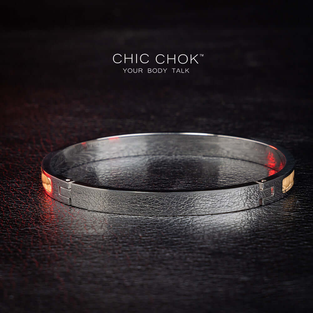 chicchok handcrafted bracelet featuring a sleek stainless steel band with a textured golden leather inlay