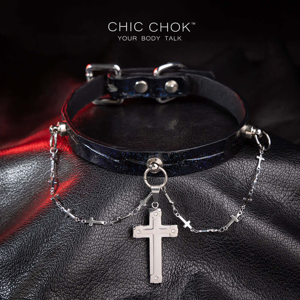 chicchok black leather collar, silver cross pendant, mysterious vintage style