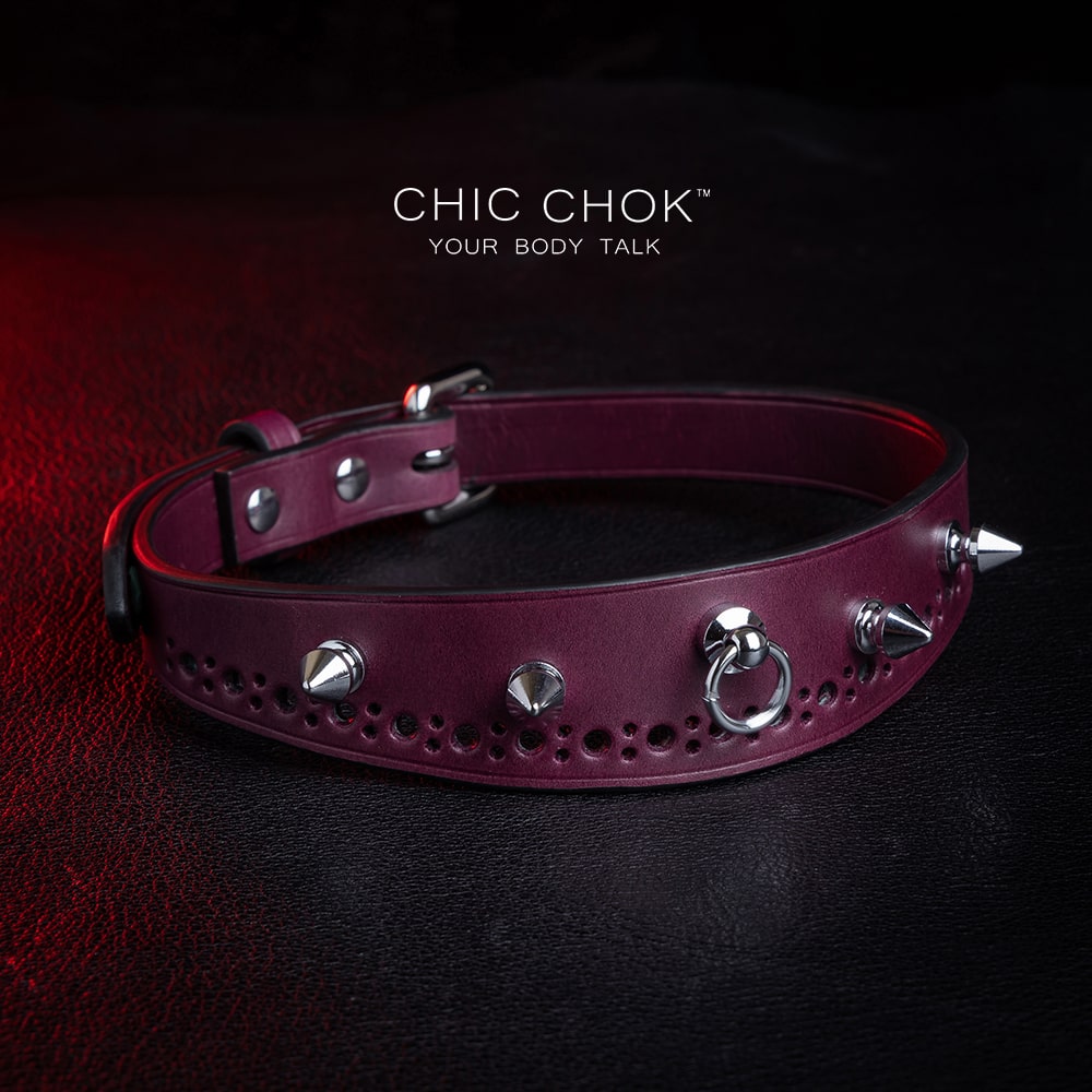 chicchok "Stay with Me" Collar Burgundy leather spiked choker with polished silver spikes, gothic fashion
