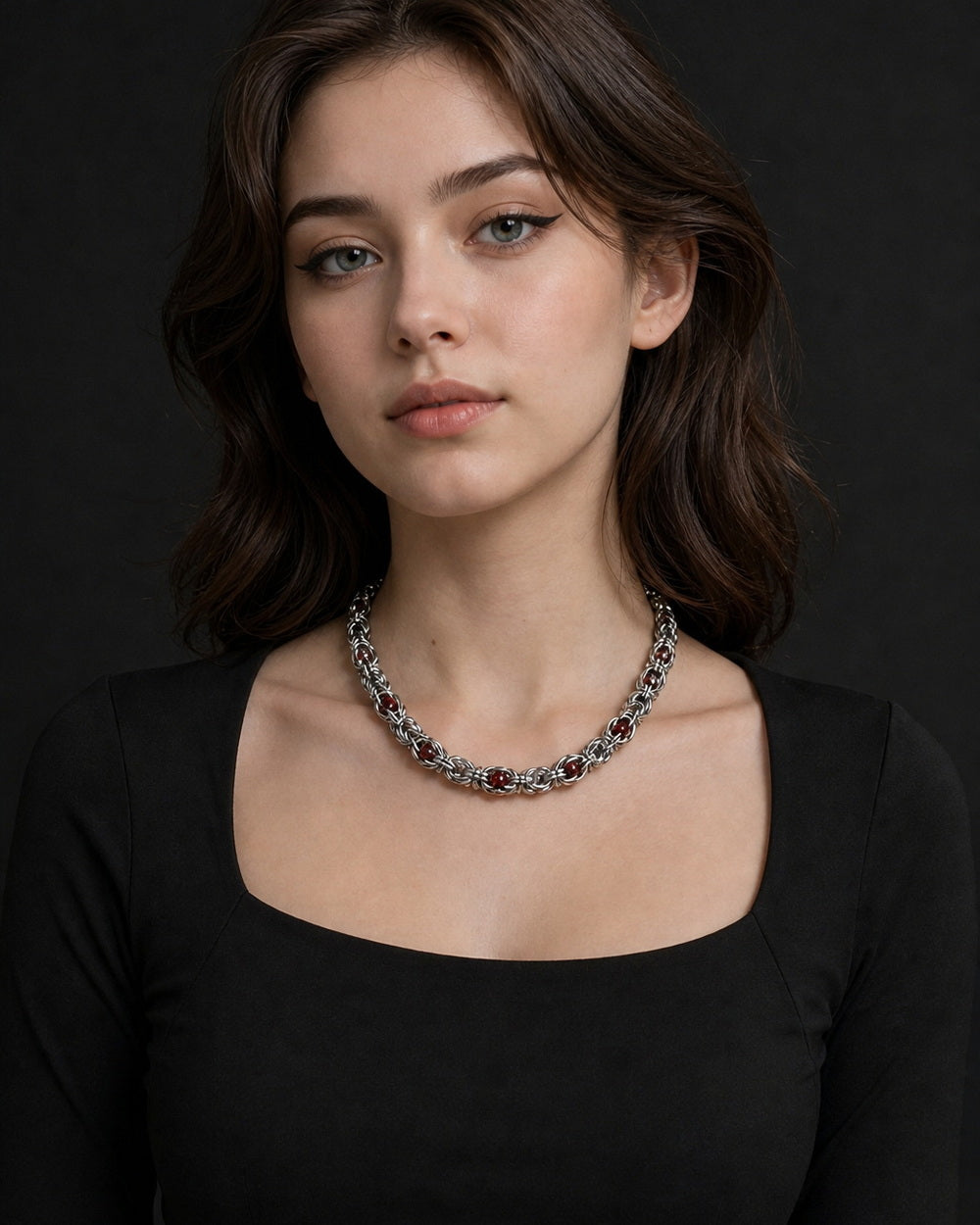 CHICCHOK Crimson Crystal Chain Necklace | Handcrafted Byzantine Stainless Steel Chain | Heavy Industrial Punk Cyber Goth Jewelry
