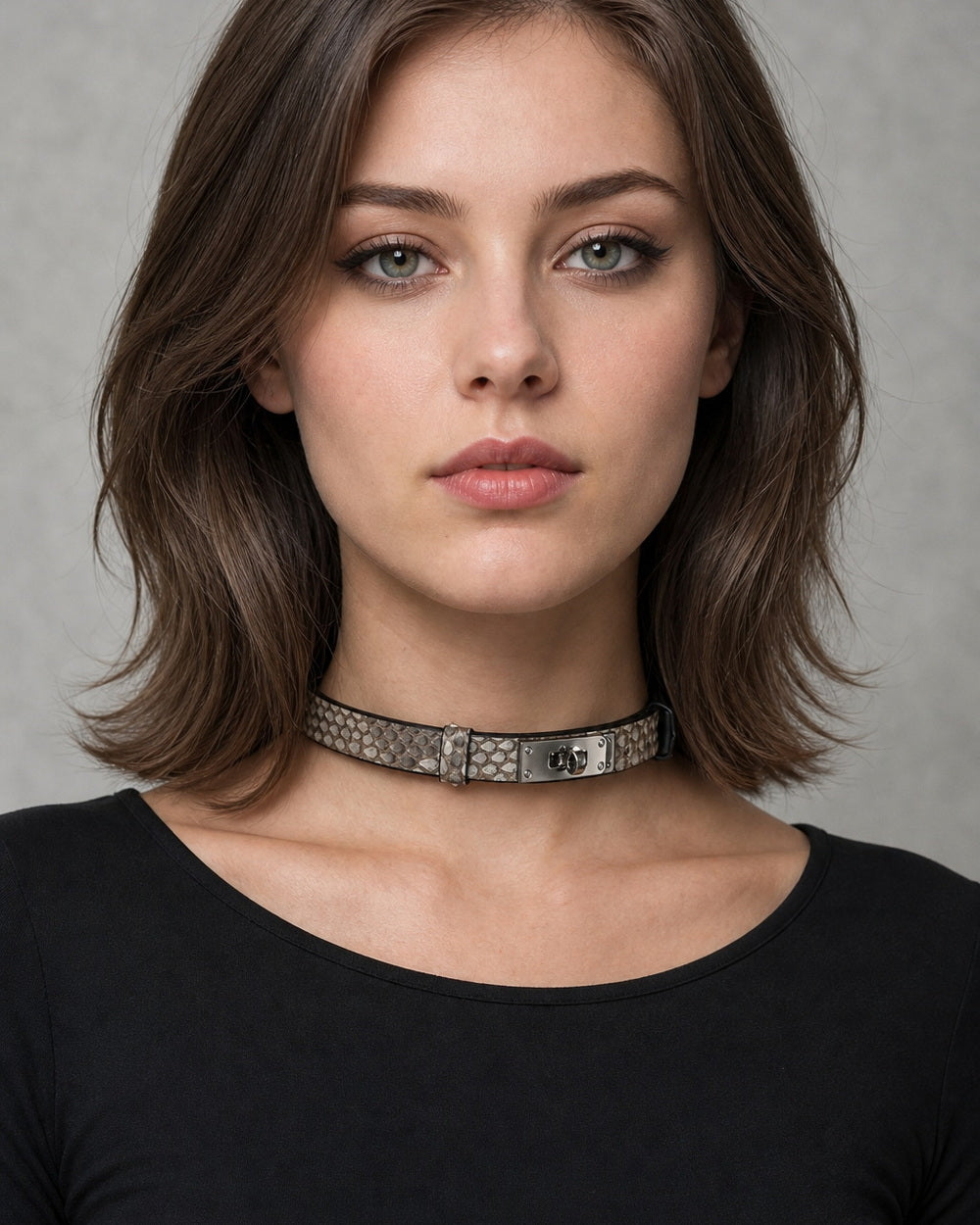 CHICCHOK Minimalist Python Skin Choker | Luxury Exotic Snake Pattern Genuine Leather Collar | Gothic Quiet Luxury Silver Kelly Lock Jewelry