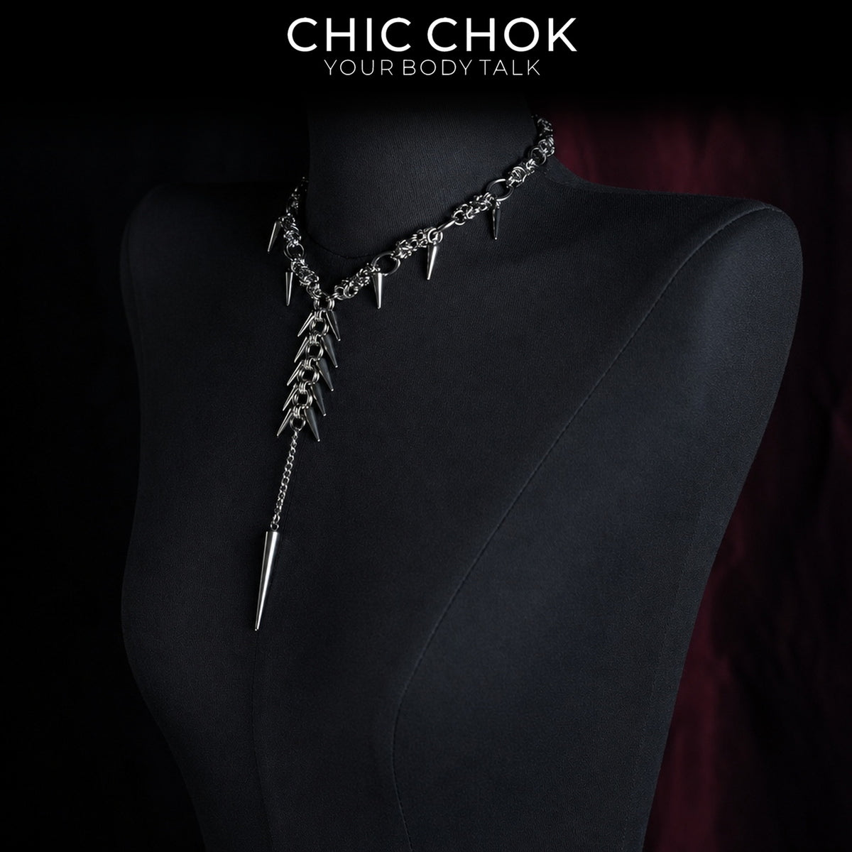 CHICCHOK Midnight Fangs Stainless Steel Necklace | Handcrafted Byzantine Chain Y-Lariat Choker | Heavy Industrial Punk Cyber Goth Spike Jewelry