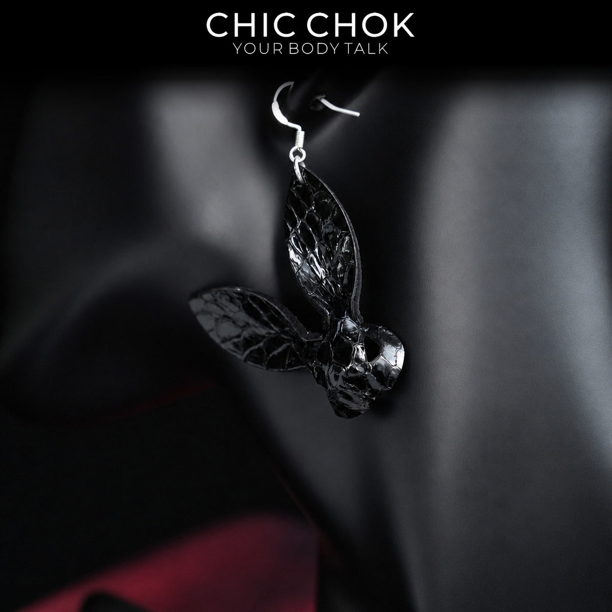 CHICCHOK Black Sugar Bunny Leather Earrings | Gothic Glossy Croc-Embossed Rabbit Drop Jewelry | Creepy Cute Harajuku Cyberpunk Accessories