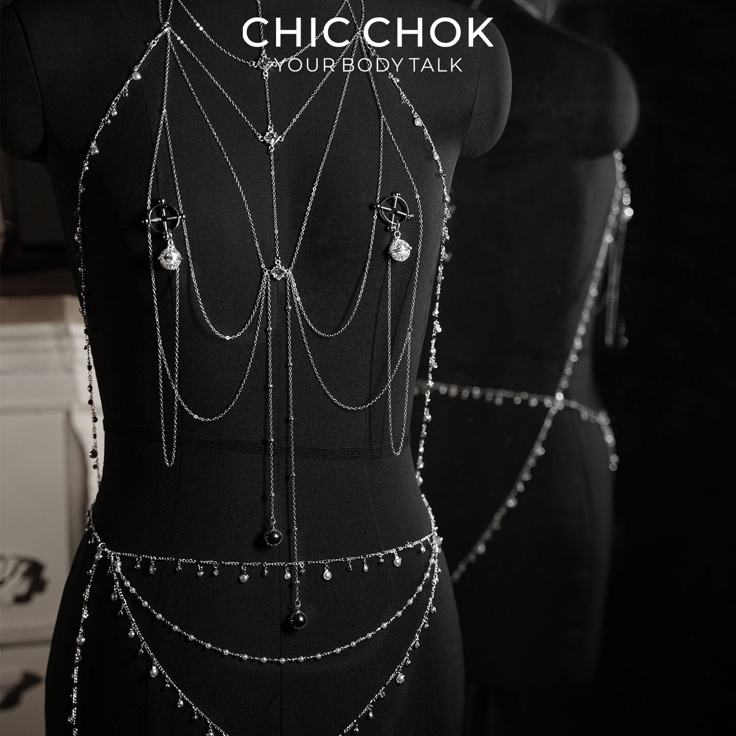 Crown of the Night Queen | Silver Crystal Body Chain Set | Gothic Compass Harness & Intimate Bell Lingerie Jewelry by CHICCHOK - Choker