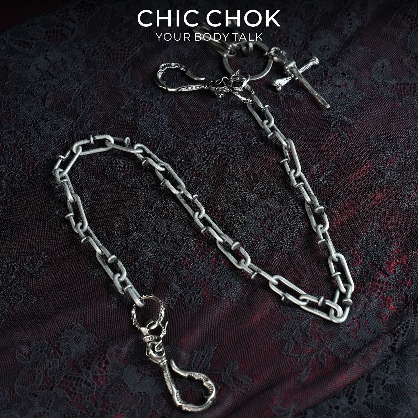 Barren Bone Hook Heavy Pant Chain | Gothic Skull Cross Wallet Chain | Industrial Punk Wasteland Techwear Jewelry by CHICCHOK - Pants Chain