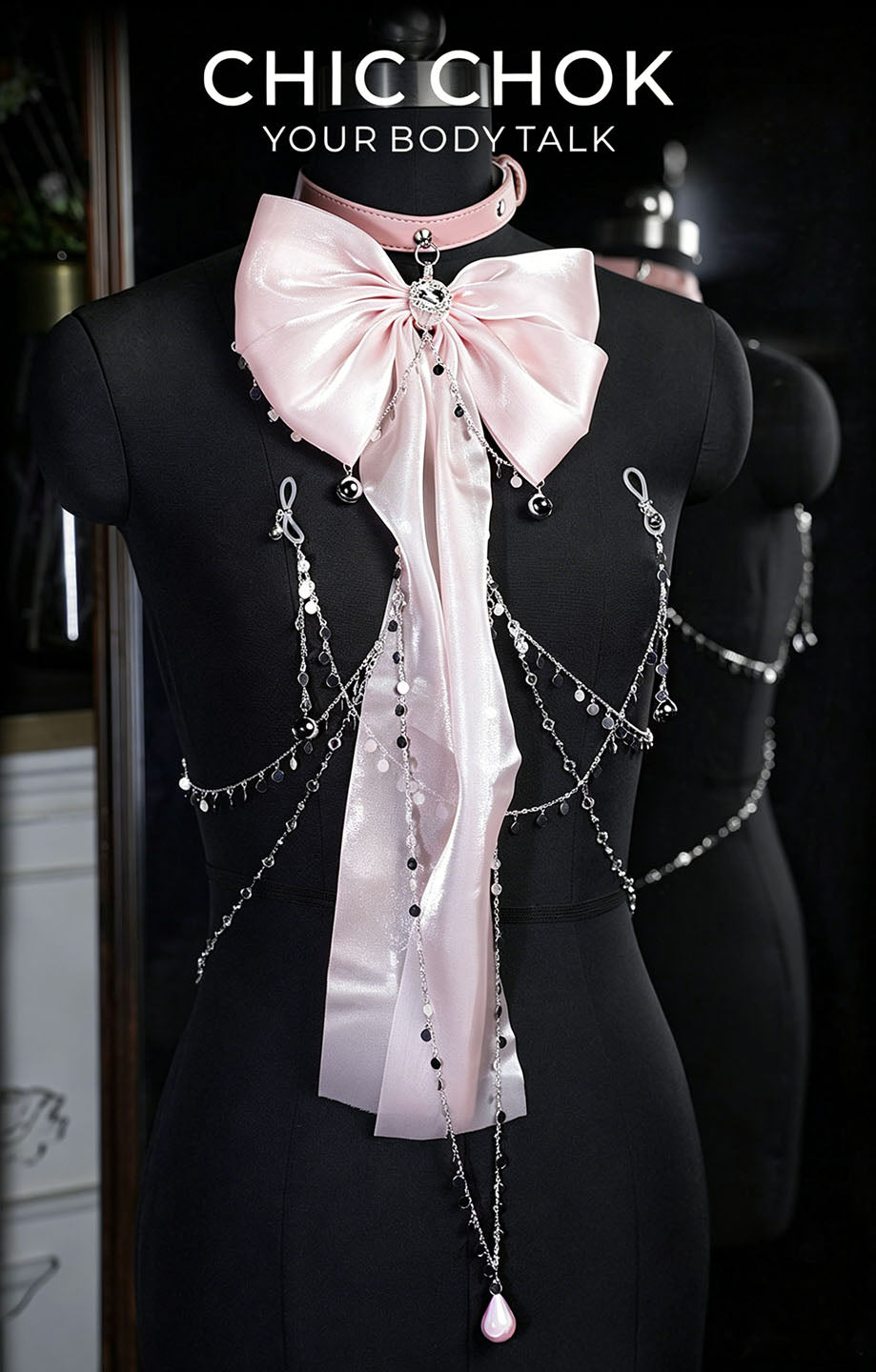 Starfall Covenant Pastel Pink Body Chain | Shimmering Bowknot Chest Harness | Gothic Lolita Subversive Kawaii Jewelry by CHICCHOK - Accessories