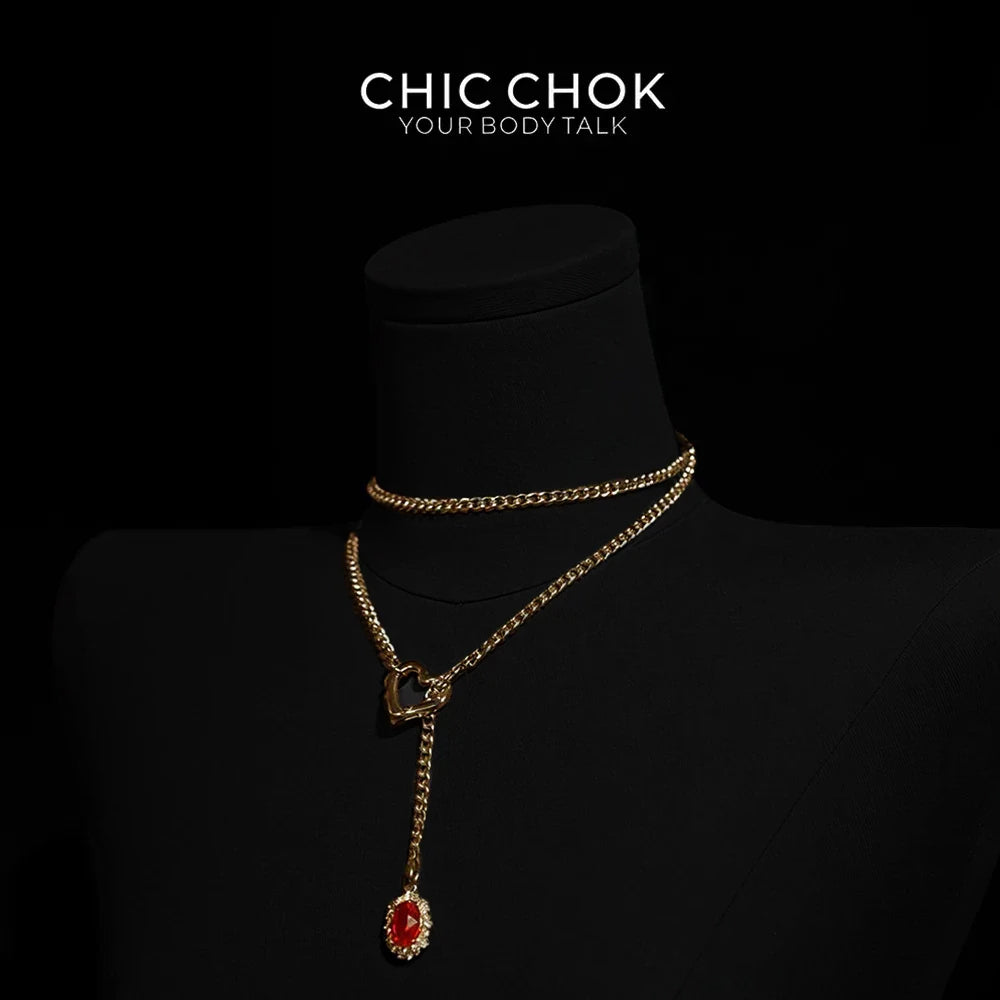 Golden Silence | Layered Titanium Steel Y-Necklace | Red Crystal Heart Pendant by CHICCHOK - Choker