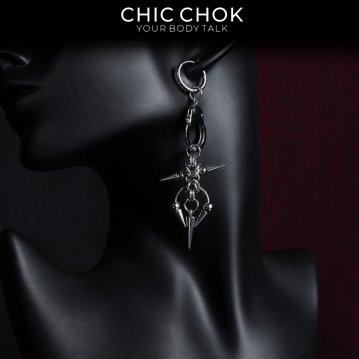 CHICCHOK Openwork Tapered Shadow Earrings | Gothic Stainless Steel Handcuff Drop Ear Loop | Subversive Y2K Industrial Punk Spike Tassel Piercing Jewelry for Sensitive Ears