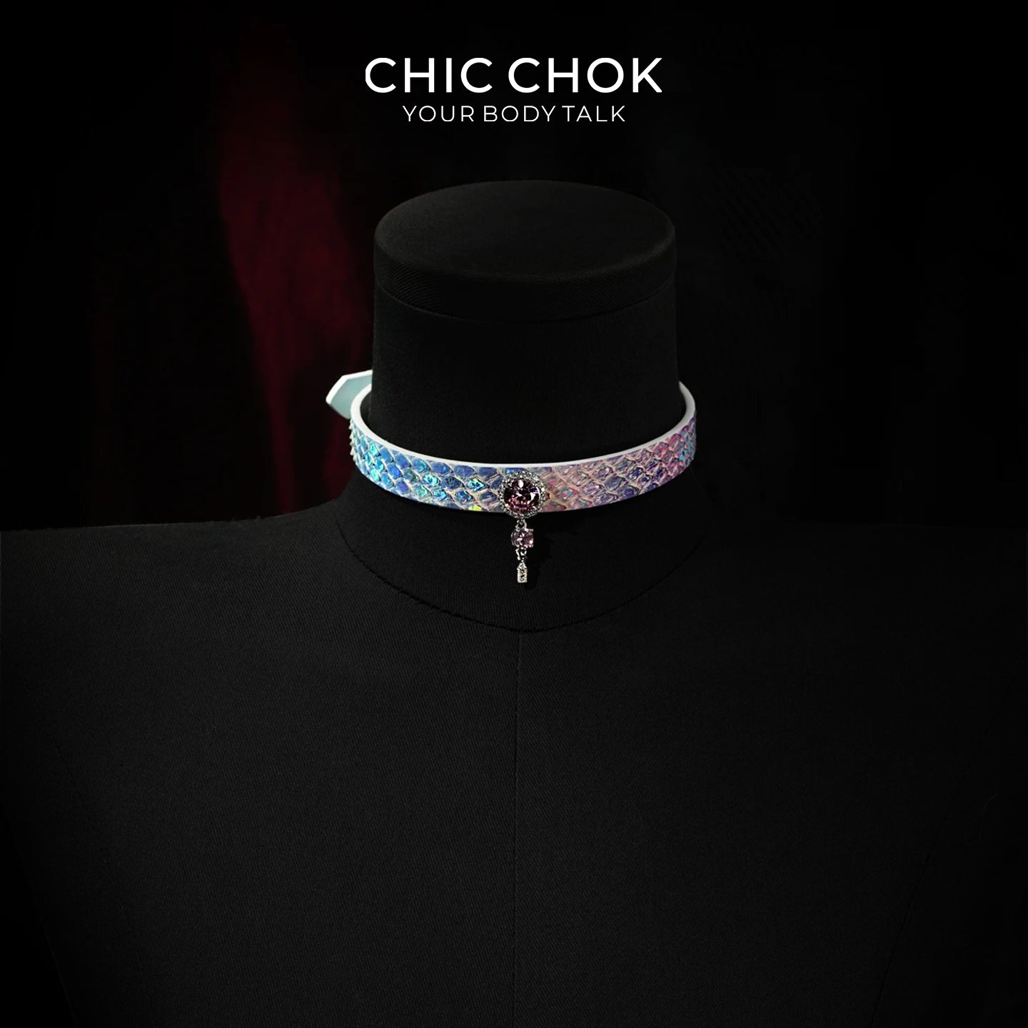 CHIC CHOK Rainbow Iridescent Snakeskin Necklace, Crystal Gemstone Pendant, Dazzling Python Skin Choker.