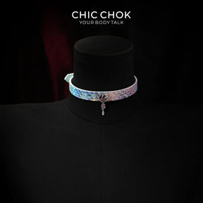 CHIC CHOK Rainbow Iridescent Snakeskin Necklace, Crystal Gemstone Pendant, Dazzling Python Skin Choker.