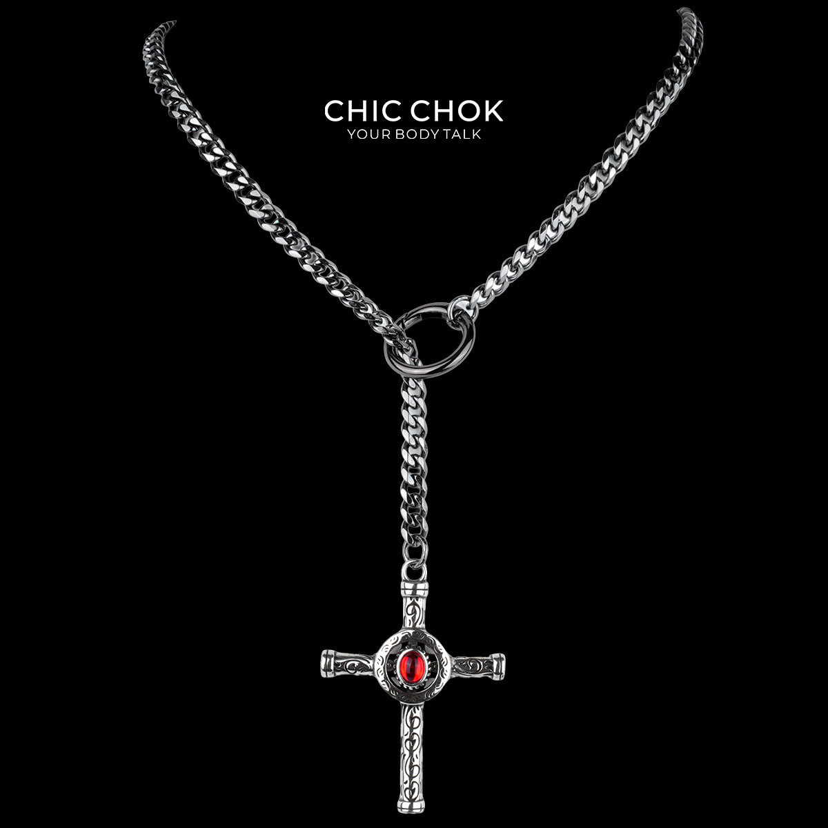 Collana a cravatta a Y CHICCHOK Gloom Eye Crucifix | Catena cubana in acciaio inossidabile | Gioiello occulto gotico d’ispirazione rétro con pendente a croce in lega di zinco