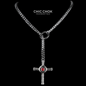 Collana a cravatta a Y CHICCHOK Gloom Eye Crucifix | Catena cubana in acciaio inossidabile | Gioiello occulto gotico d’ispirazione rétro con pendente a croce in lega di zinco