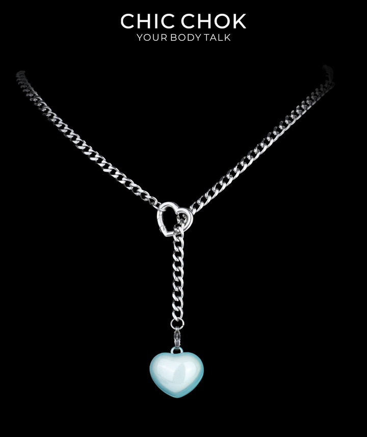 CHICCHOK Sweet Punk Y-Lariat Chain Necklace | Y2K Cute Coquette Heart Charm Collar | Harajuku Kawaii Stainless Steel Cuban Link Jewelry for Sensitive Skin